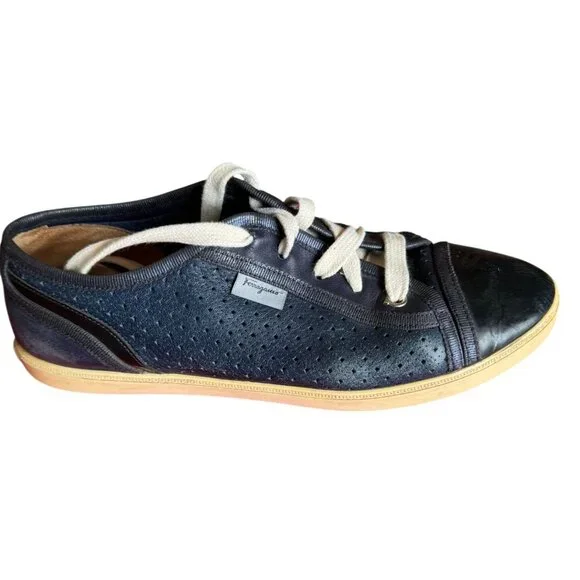 Salvatore Ferragamo Women’s Sneakers Navy Leather Gum Sole Dust Bag Italy 7.5 - Picture 9 of 16